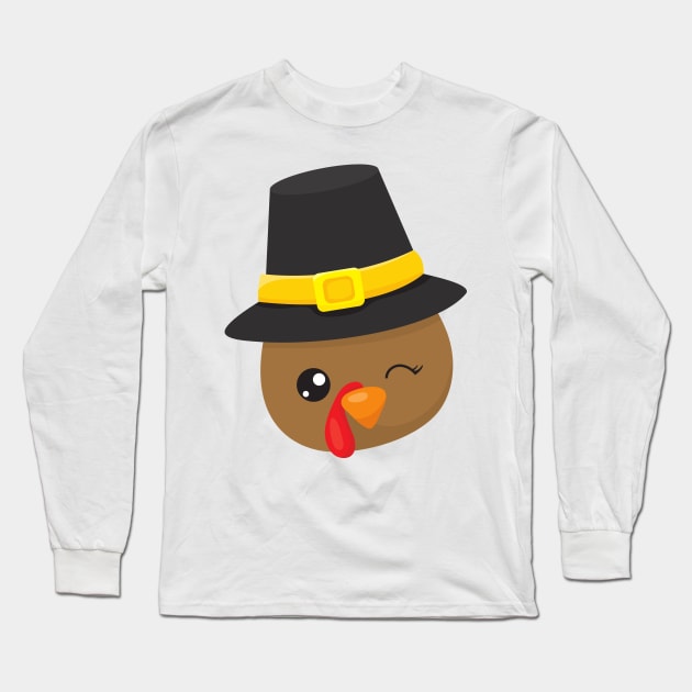 Thanksgiving Turkey, Brown Turkey, Pilgrim Hat Long Sleeve T-Shirt by Jelena Dunčević